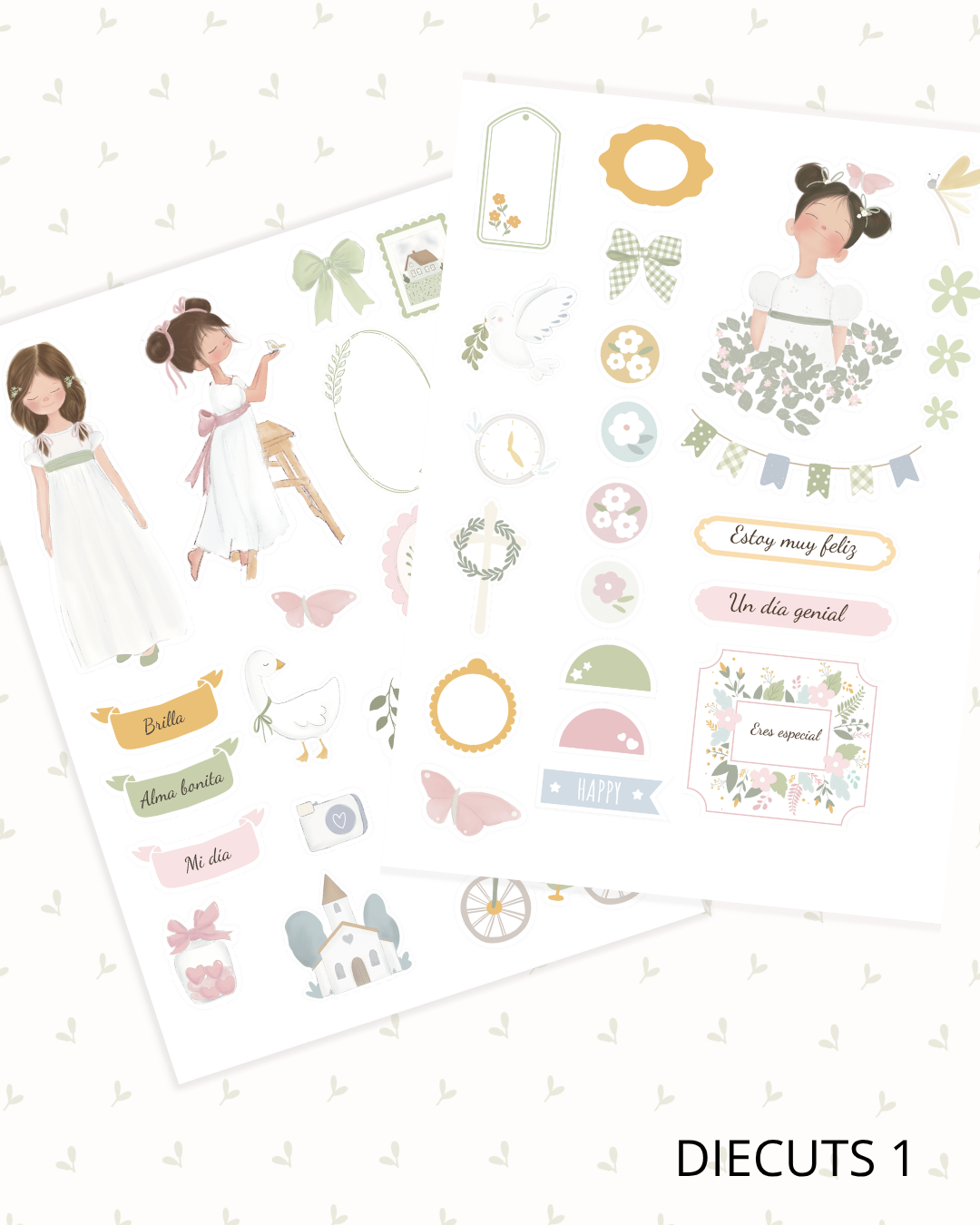 Autocolantes recortados com ilustrações de meninas, flores, animais e textos em espanhol em cores pastel