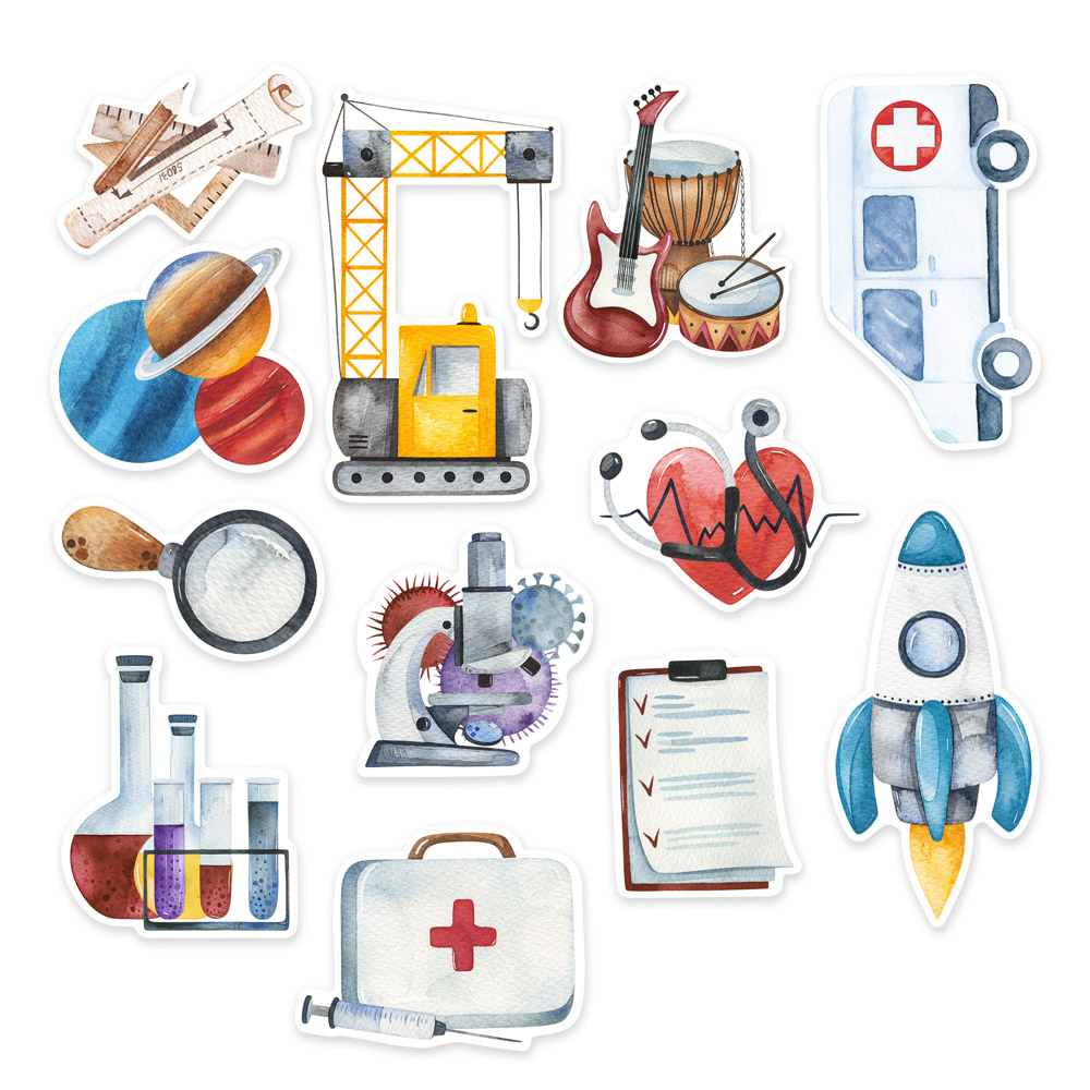 Conjunto de ilustrações de brinquedos, instrumentos e itens médicos em estilo desenho animado.