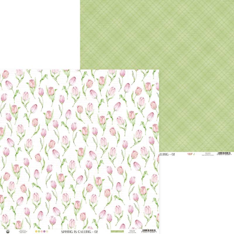 Papel decorativo duplo com padrão floral de tulipas rosa e padrão xadrez verde