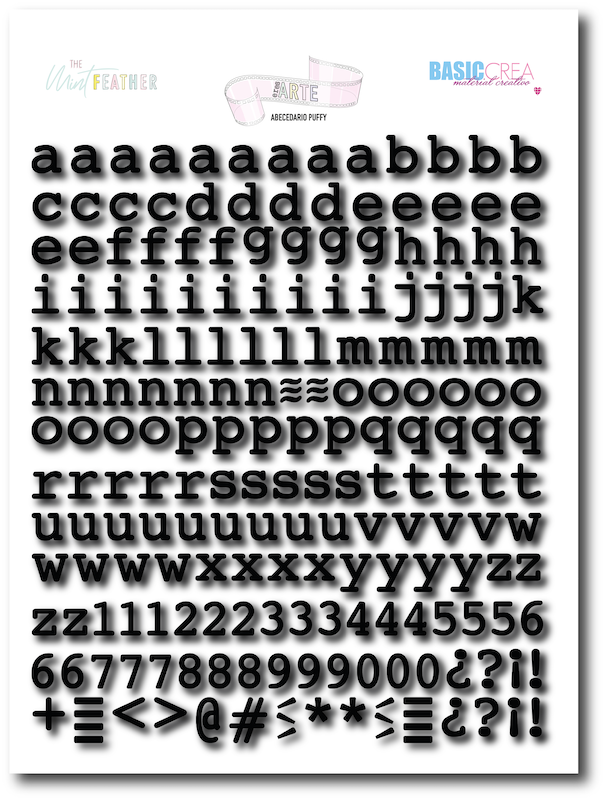 Adesivos em preto com letras, números e símbolos em fonte Puffy sobre fundo branco