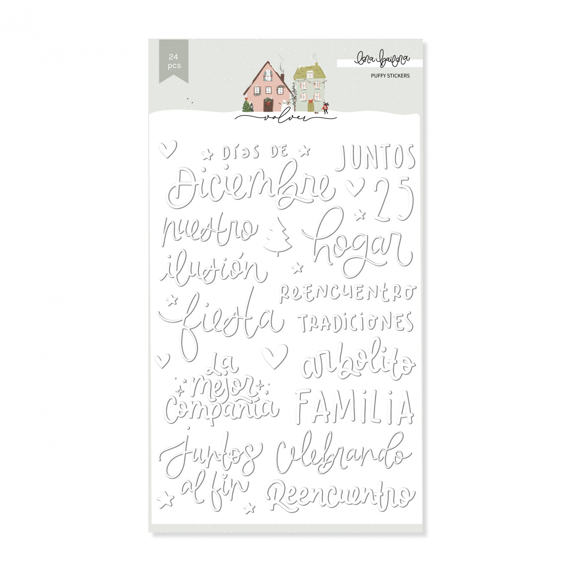 Pacote de autocolantes brancos com palavras e pequenas ilustrações de Natal em espanhol