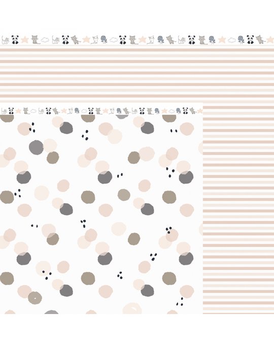 Papel de parede com bolinhas e riscas em tons neutros e desenhos pequenos no topo