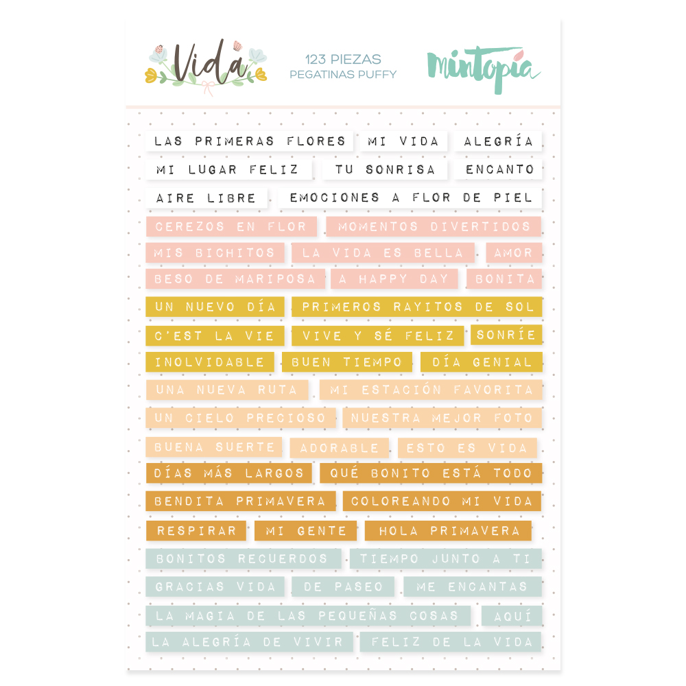 Autocolantes com frases em espanhol coloridas e em relevo