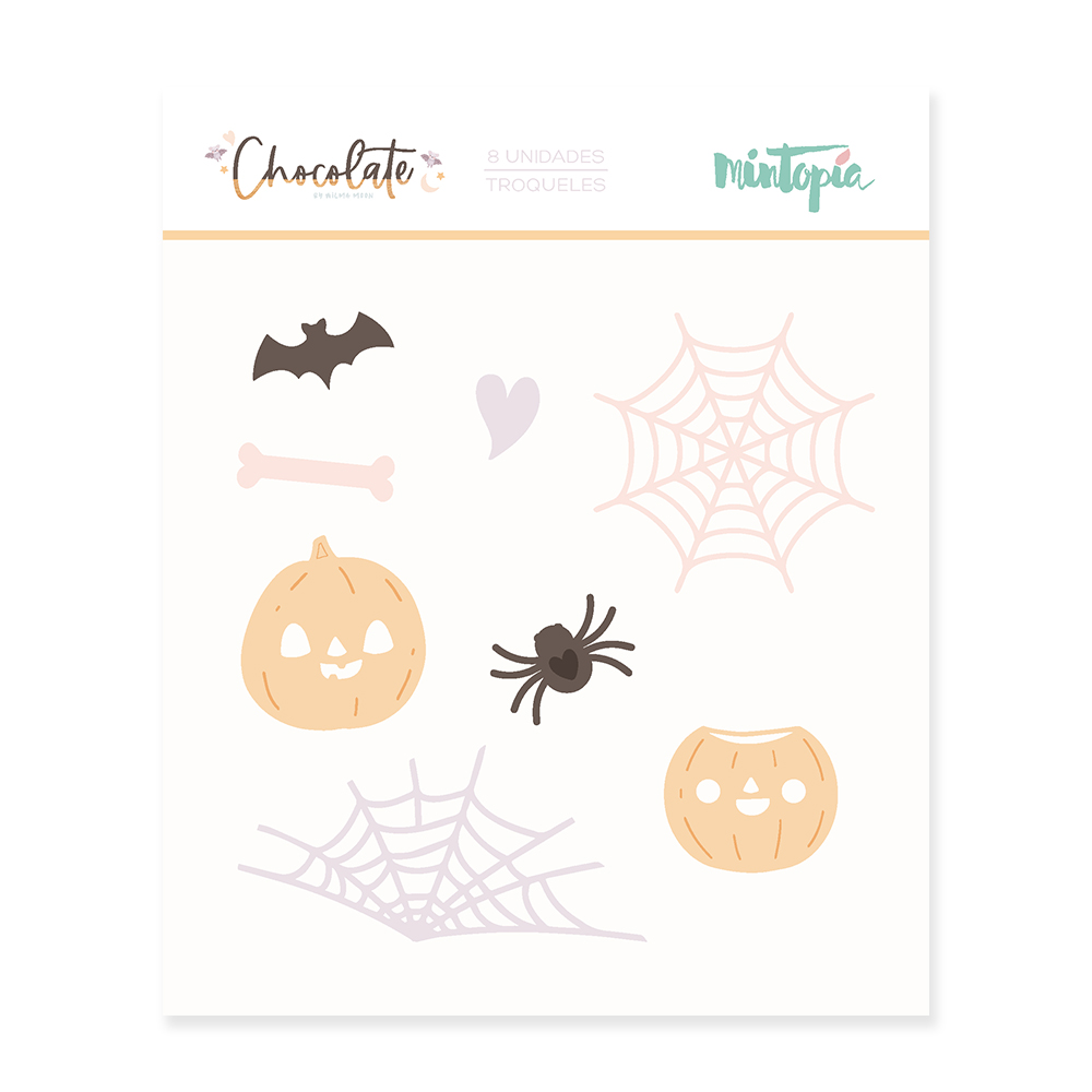 Troqueles de Halloween com abóboras, aranhas, teias, morcego e osso em tons suaves