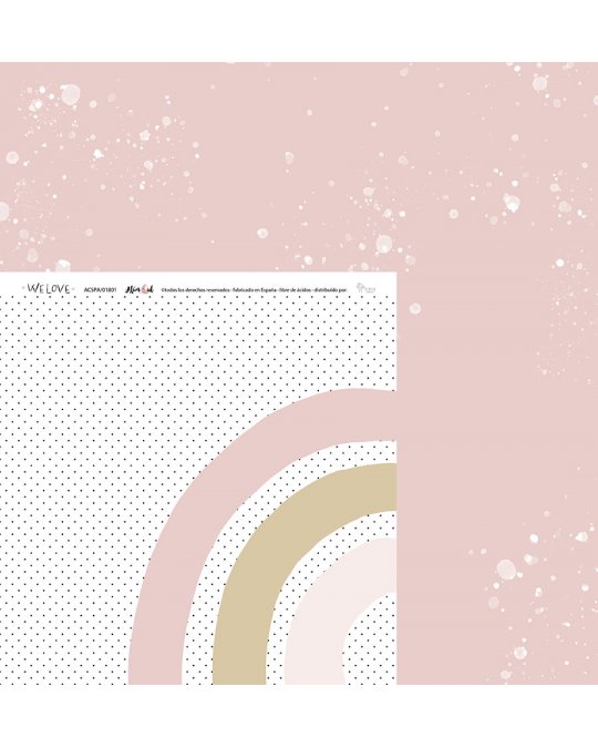 Papel decorativo para scrapbook com padrão de bolinhas, arco-íris em rosa e bege, e fundo rosa manchado