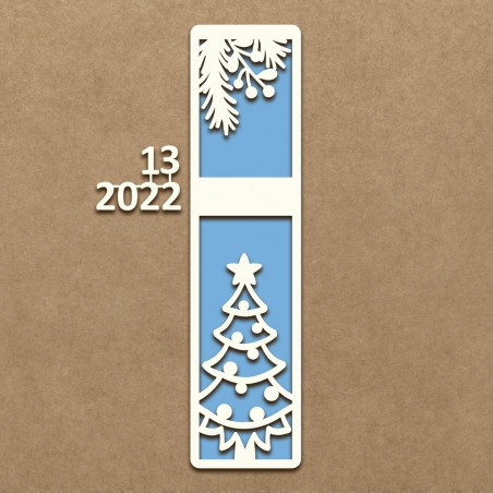 Marcador de livro de madeira com motivos natalícios e fundo azul