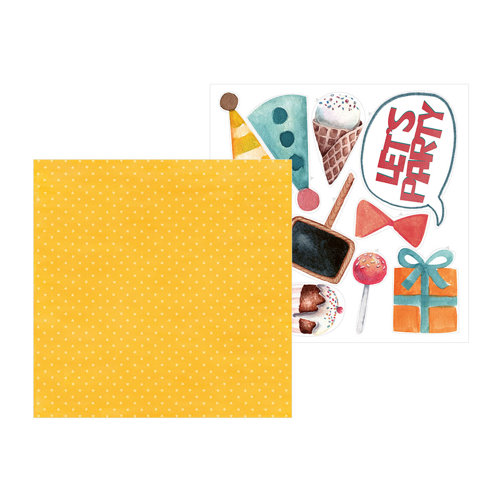 Papel decorativo amarelo com bolinhas e ilustrações de festa com LET'S PARTY