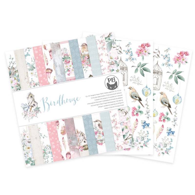 Papéis de scrapbook com padrões florais e desenhos de pássaros em tons pastel