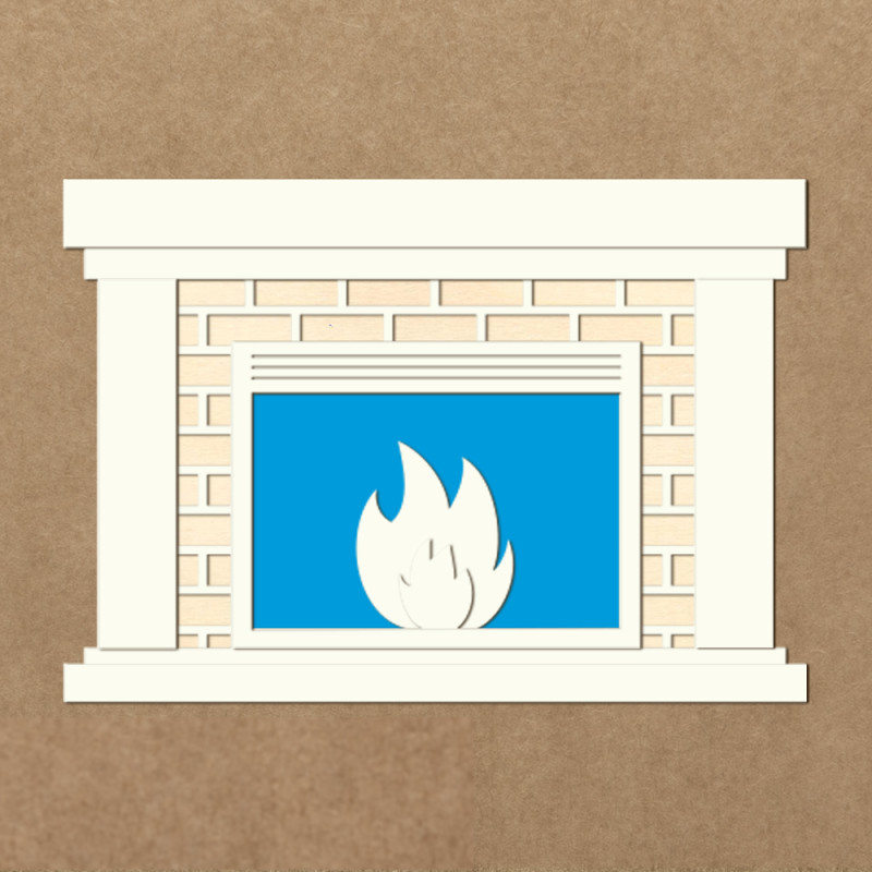 Lareira decorativa branca com tijolos claros e chama azul
