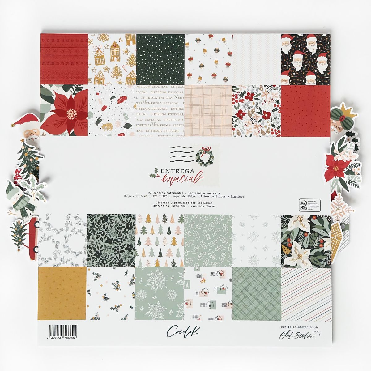 Papel de embrulho natalício com várias estampas coloridas e texto 'ENTREGA especial'