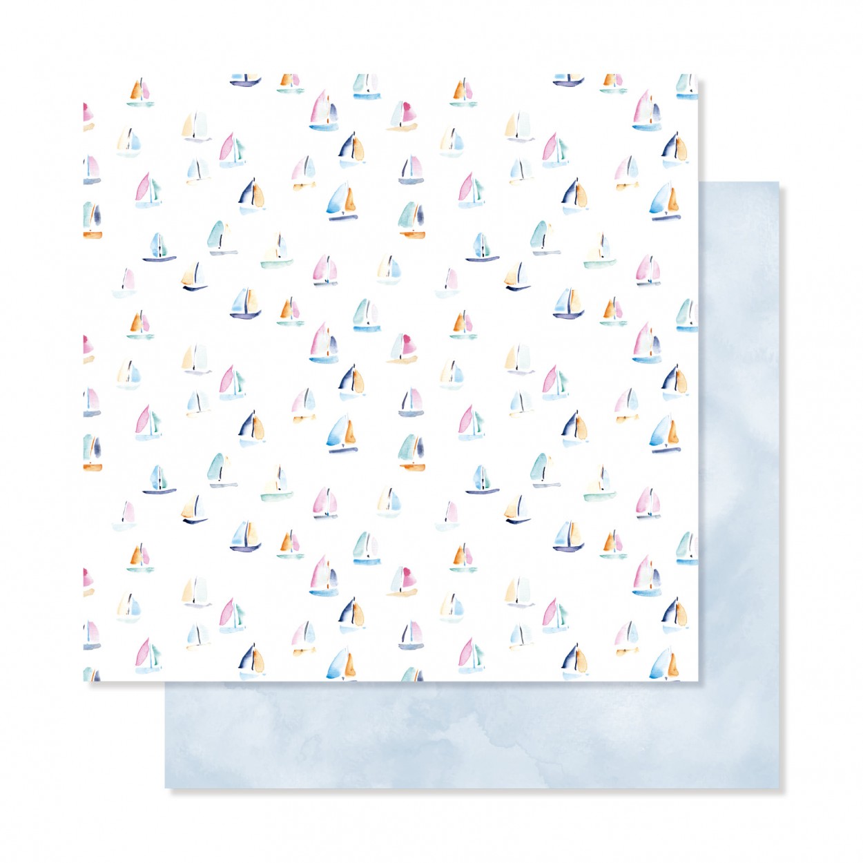 Papéis decorativos com padrão de barcos coloridos e textura azul clara.