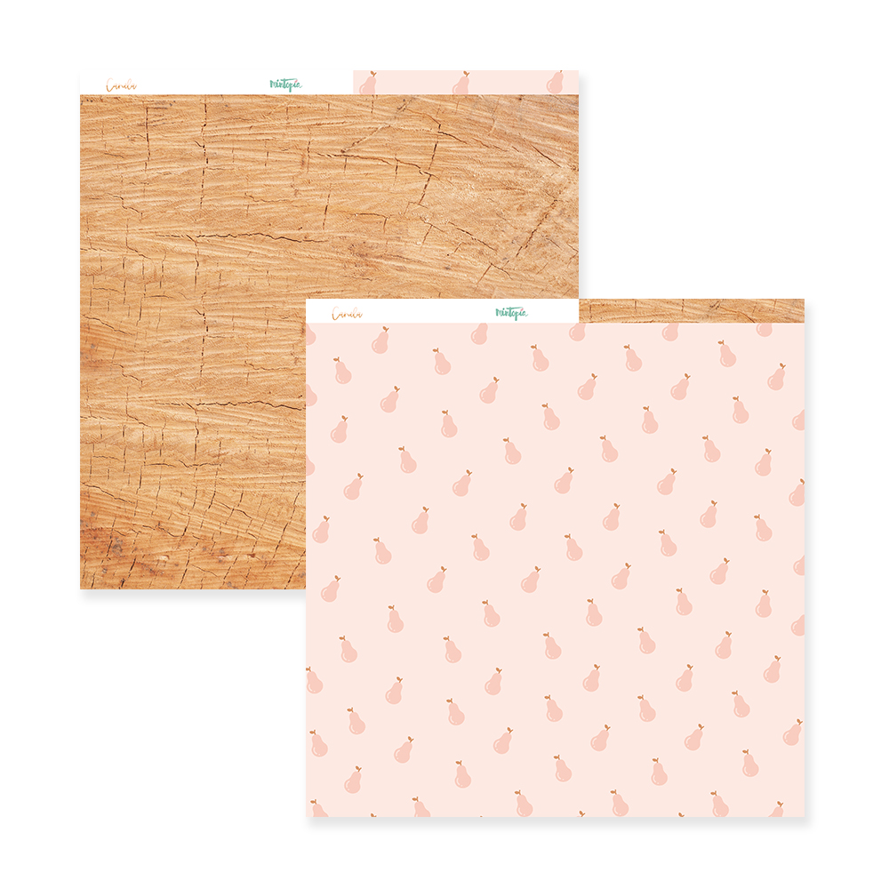 Papel decorativo com padrão de madeira e padrão de pêras cor de rosa.