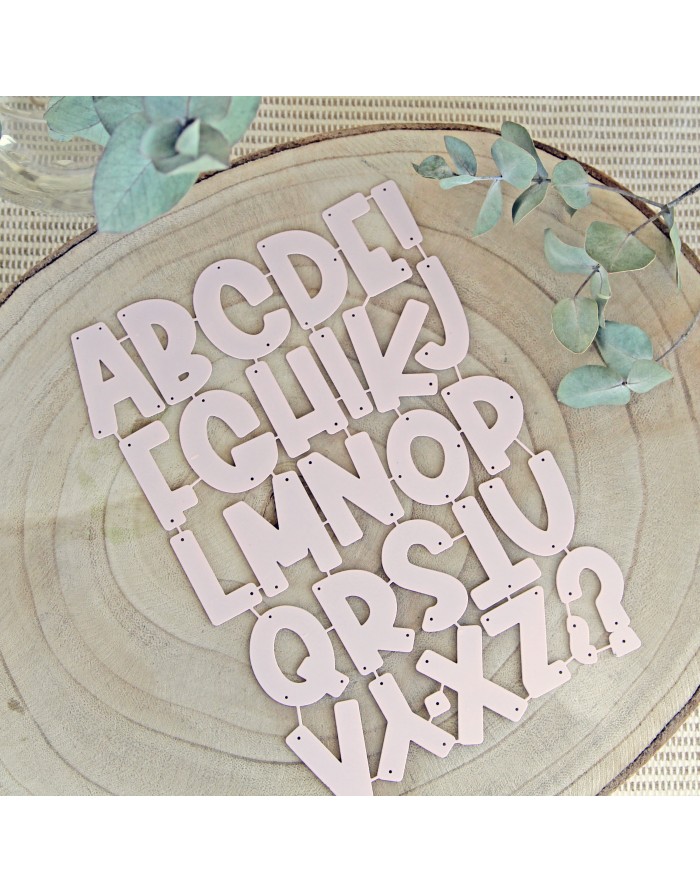 Letras do alfabeto em madeira rosa claro sobre base redonda de madeira clara com folhas secas verdes