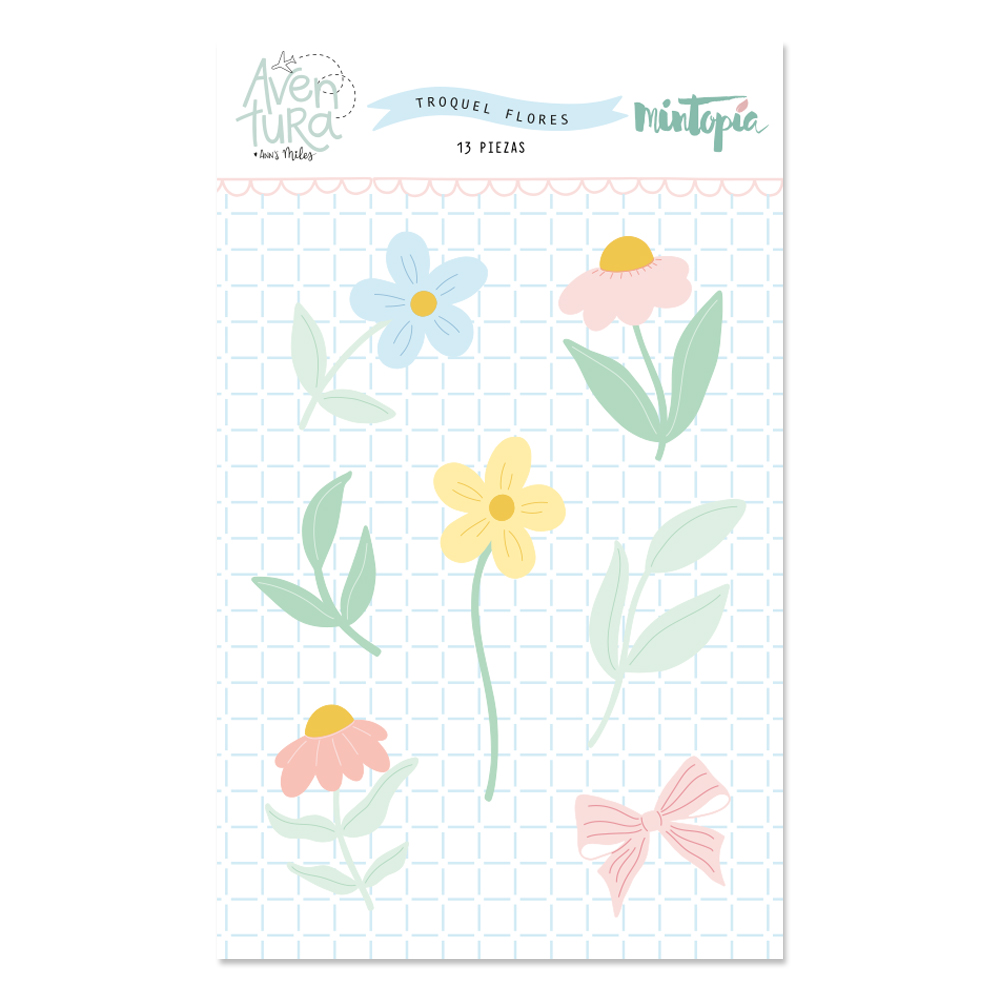 Conjunto de peças de papel com flores coloridas e laço em fundo quadriculado.