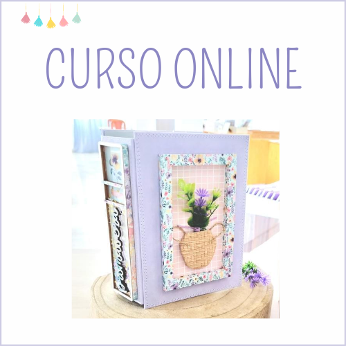 Caixa decorativa lilás com imagem de vaso de flores e texto CURSO ONLINE