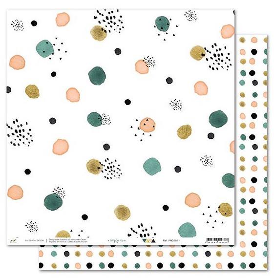 Papel decorativo com padrão de pontos coloridos em verde-água, cor-de-rosa, dourado e preto sobre fundo branco