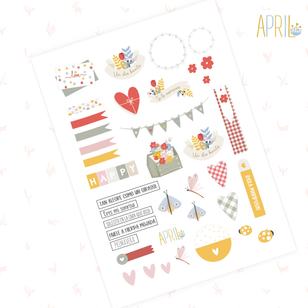 Autocolantes decorativos coloridos com temas florais e de primavera em folha branca.