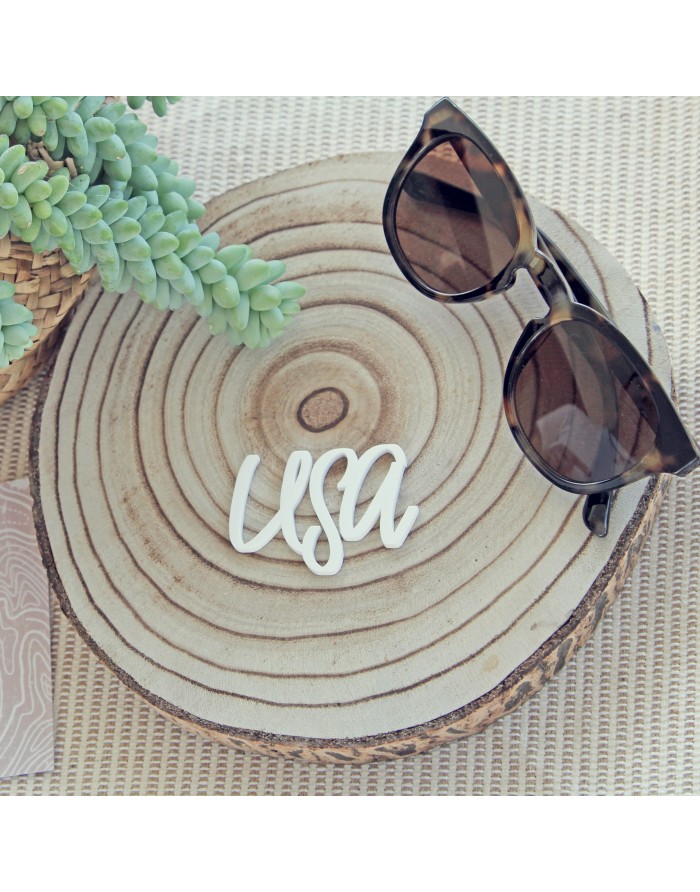 Óculos de sol castanhos e lentes escuras sobre fatia redonda de madeira com palavra 