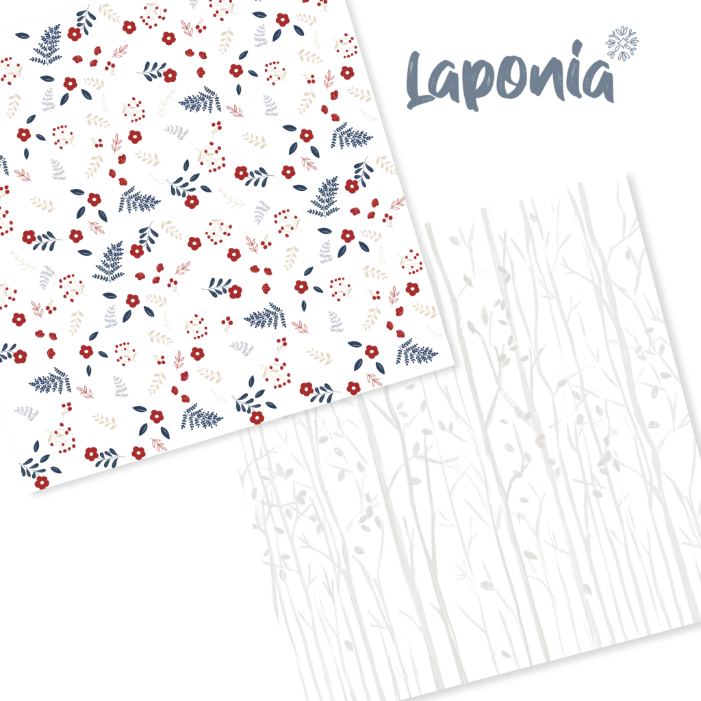 Folhas de papel decorativo com desenhos florais e de árvores em cores suaves