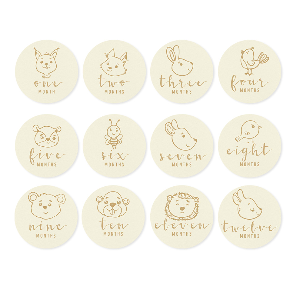 Doze discos redondos bege com números e desenhos de animais para marcar meses do bebé