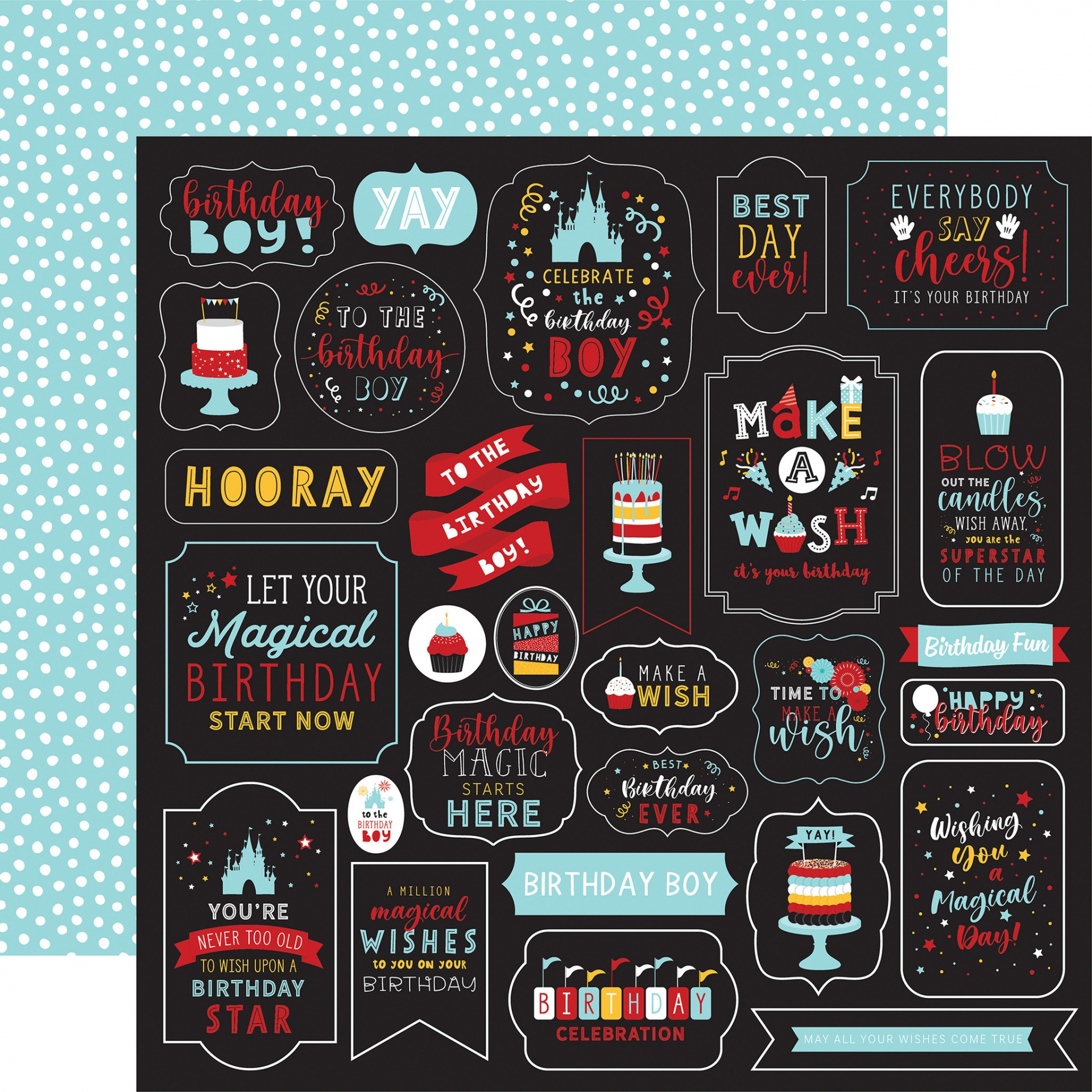 Adesivos coloridos para aniversário com frases e desenhos de bolos e velas