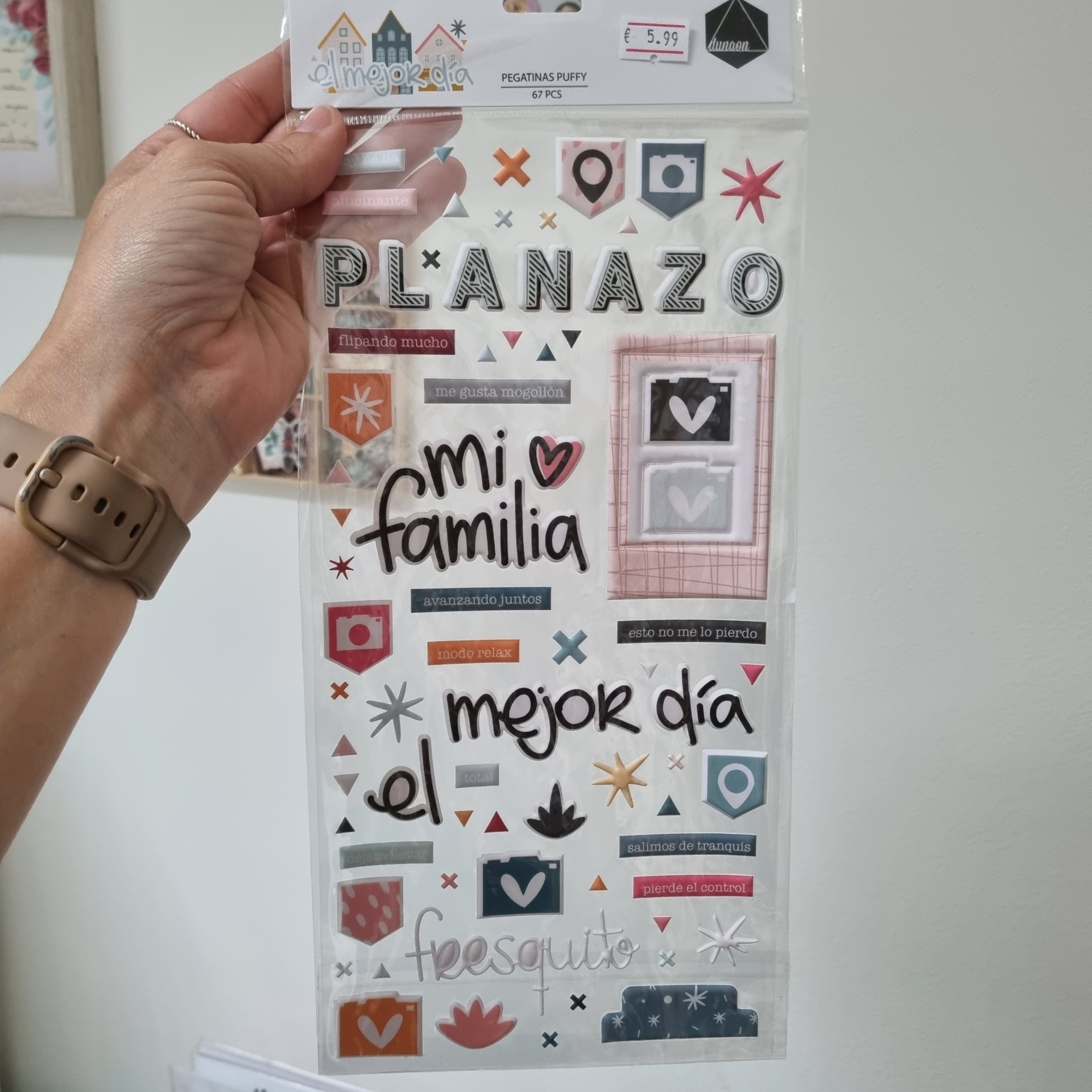 Pacote de adesivos Puffy com 67 peças coloridas e frases em espanhol