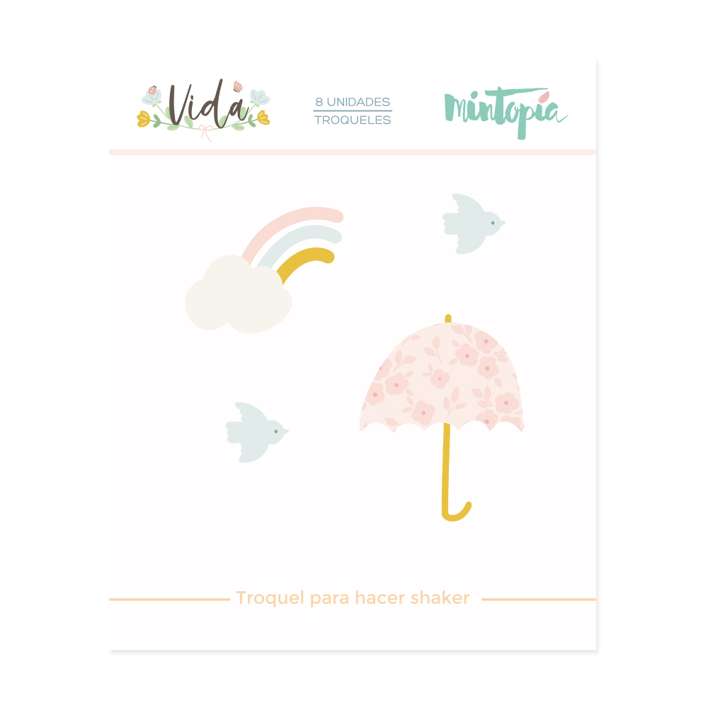 Conjunto de troqueles com arco-íris, guarda-chuva e aves em embalagem branca