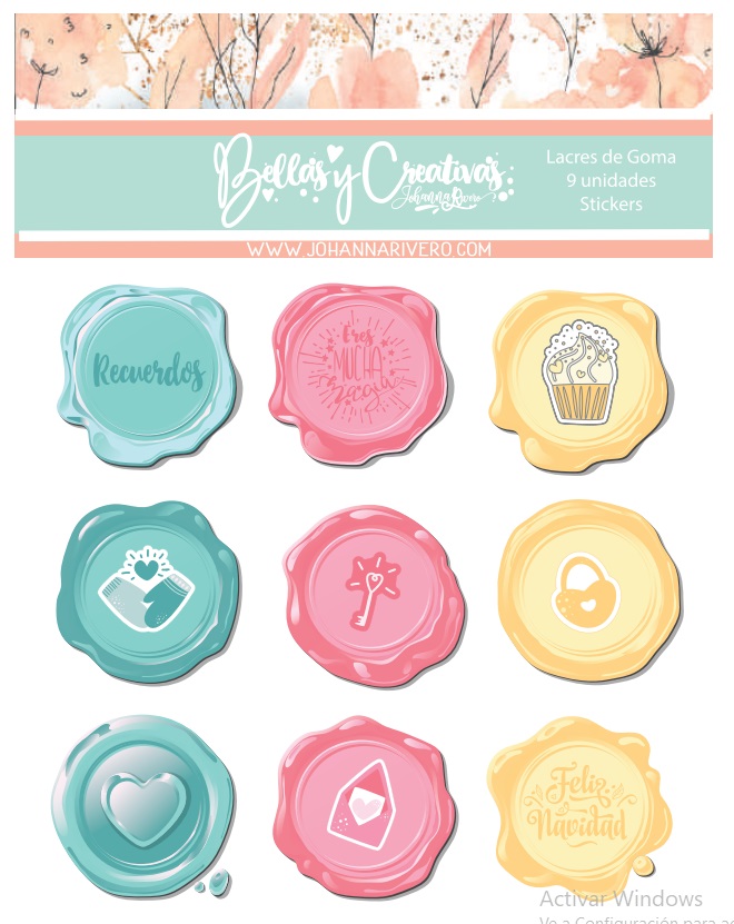 Autocolantes em forma de lacre de goma com desenhos e textos em tons pastel
