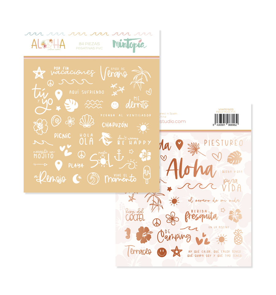 Kit de adesivos de verão com palavras e desenhos em tons bege, branco e castanho, temas praia e férias