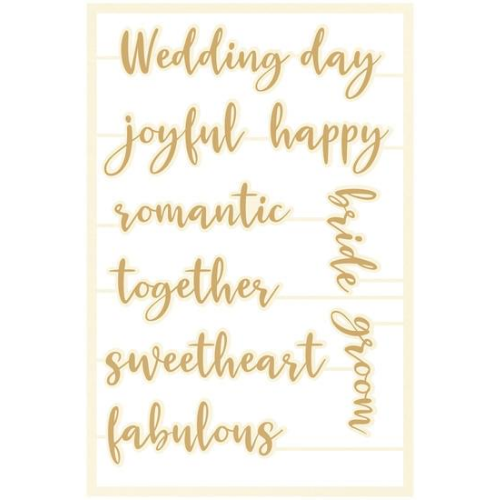 Palavras decorativas douradas em fundo branco com temas de casamento
