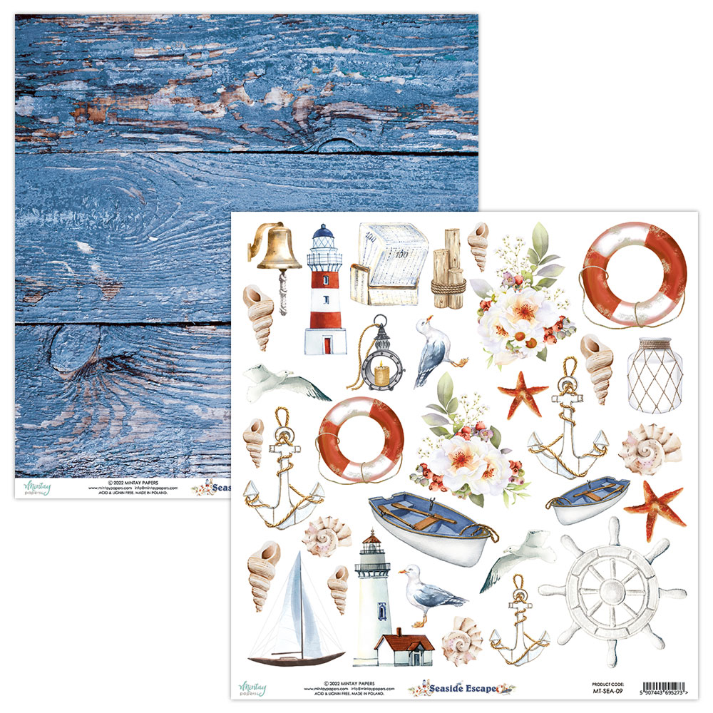 Papéis decorativos para scrapbooking com padrão madeira azul e ilustrações náuticas coloridas.