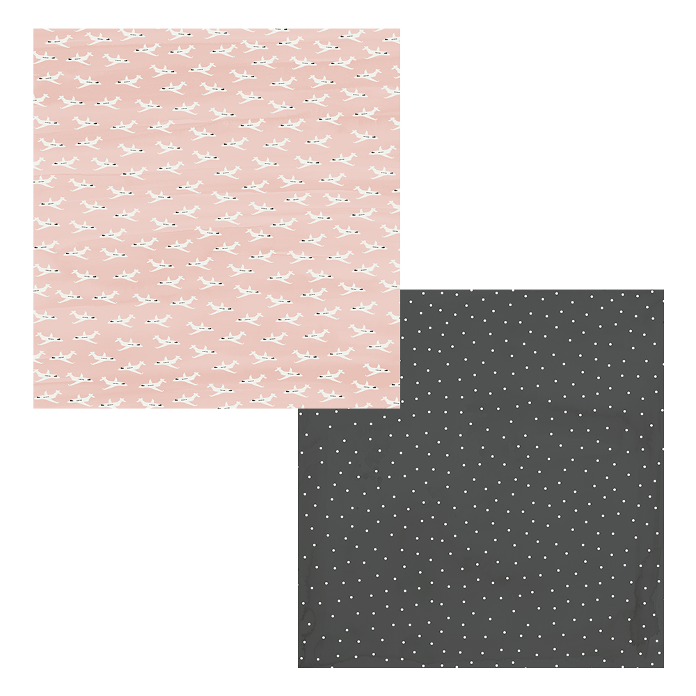 tecidos quadrados rosa com aviões brancos e cinza com pontos brancos