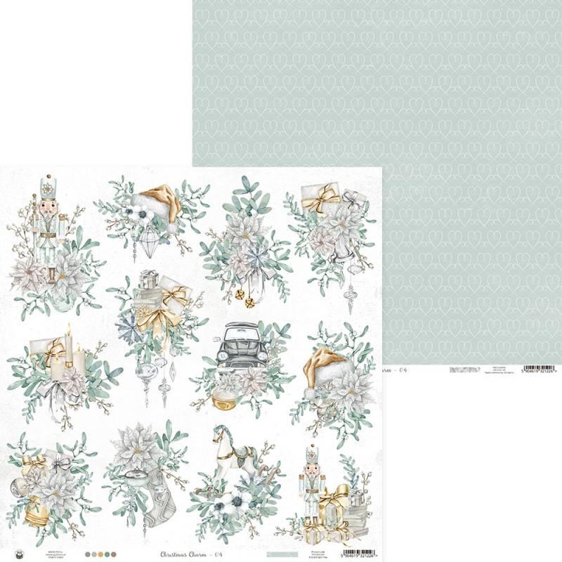 Papel decorativo para artesanato com motivos de Natal em cores suaves e padrão repetitivo no verso