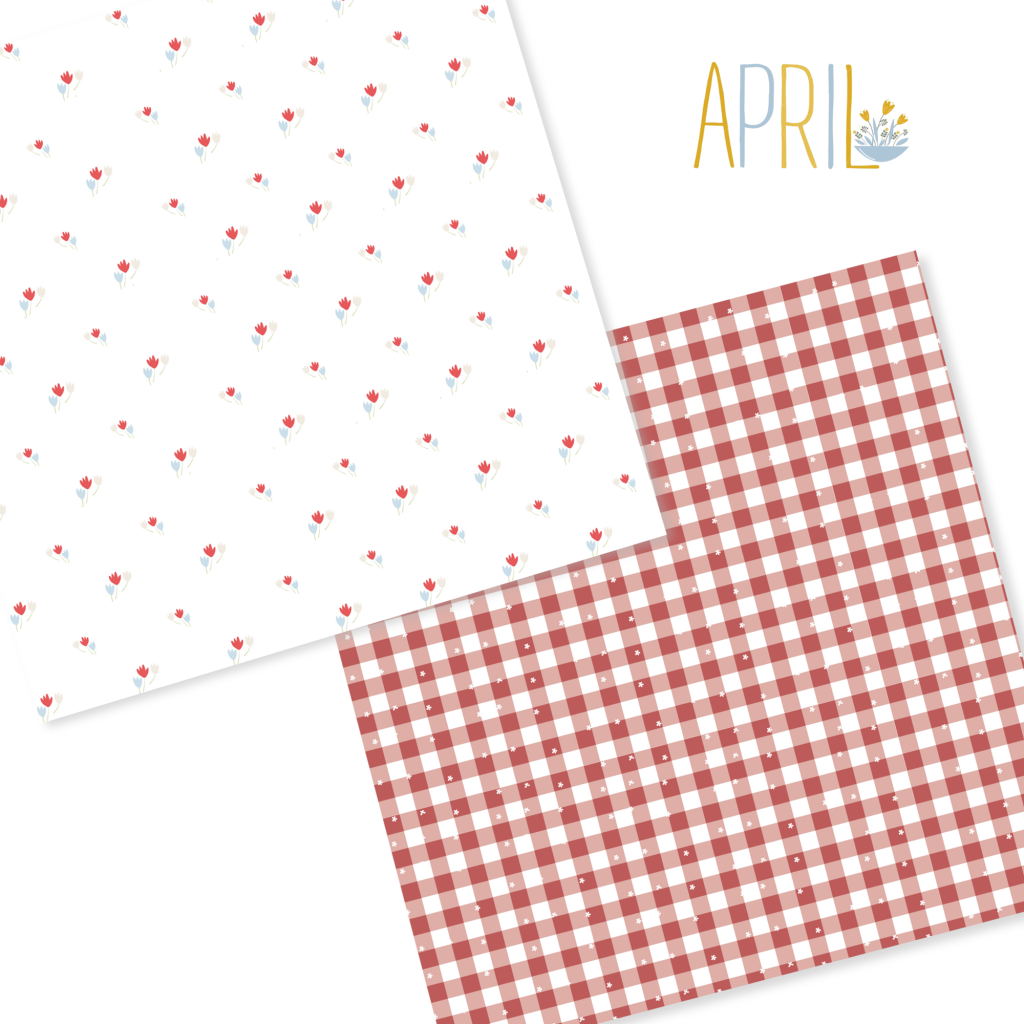 Tecidos decorativos com padrões floral e xadrez e palavra APRIL