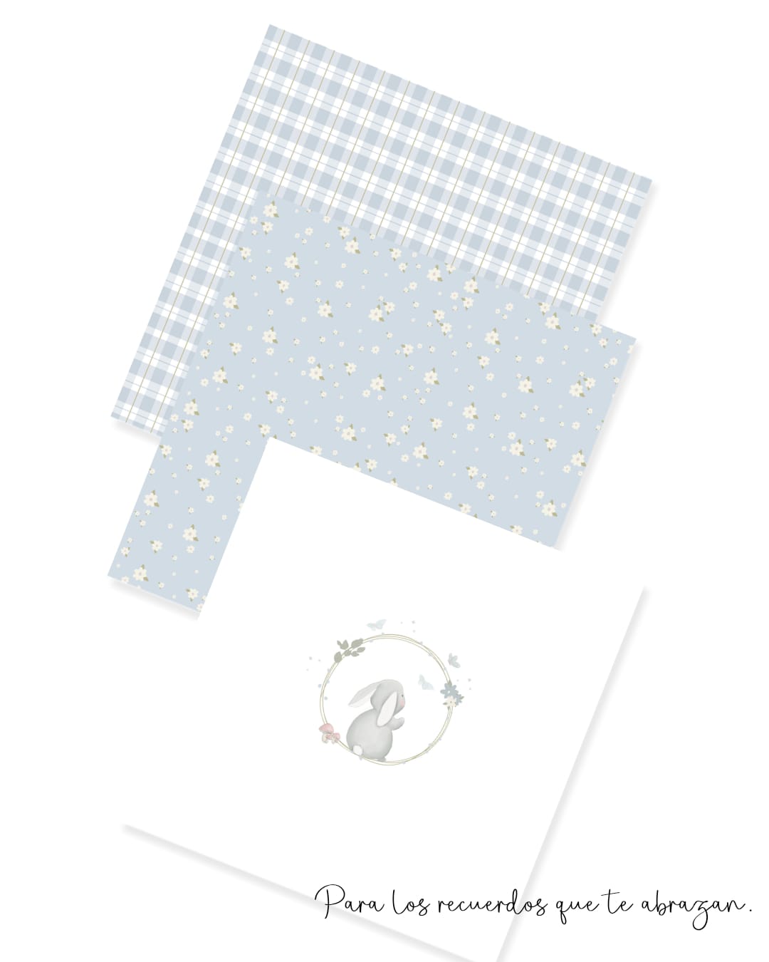 Três folhas de papel com padrões azuis e ilustração de coelho.