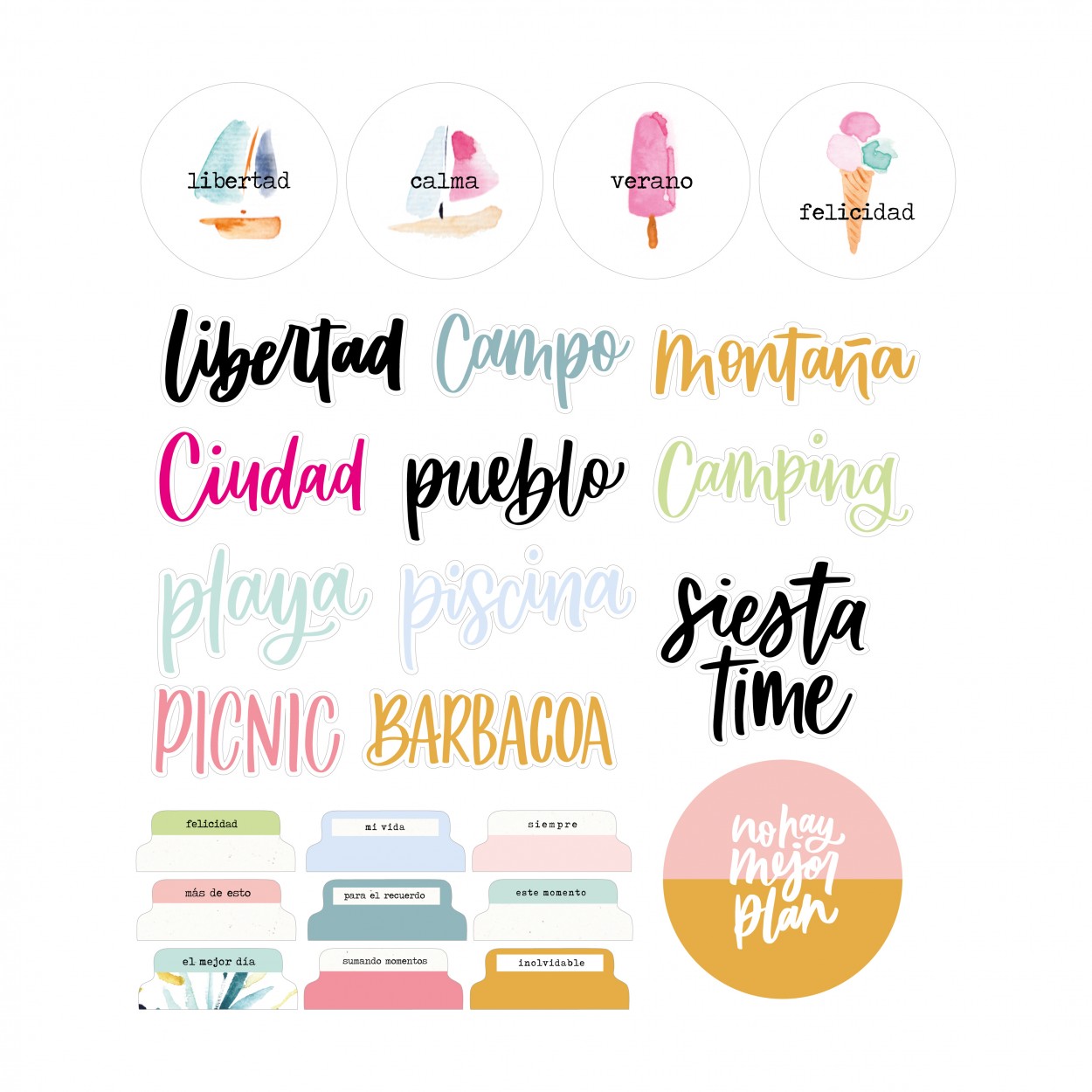 Palavras em diversos estilos e cores relacionadas a temas de lazer e natureza, com elementos circulares e etiquetas coloridas