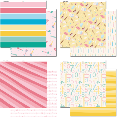 Papéis de presente com vários padrões coloridos e listras, números e desenhos variados