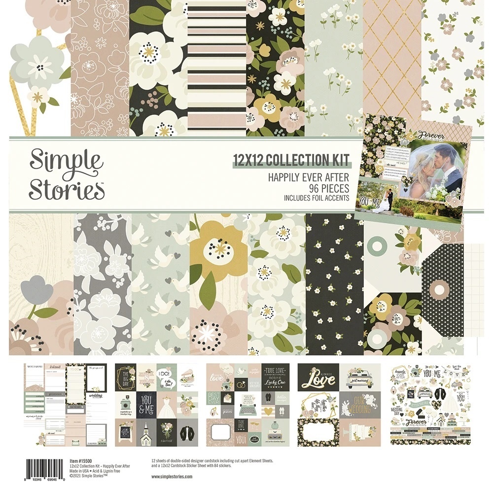 Kit de coleção para scrapbooking Simple Stories 12X12 HAPPILY EVER AFTER com padrões florais e geométricos