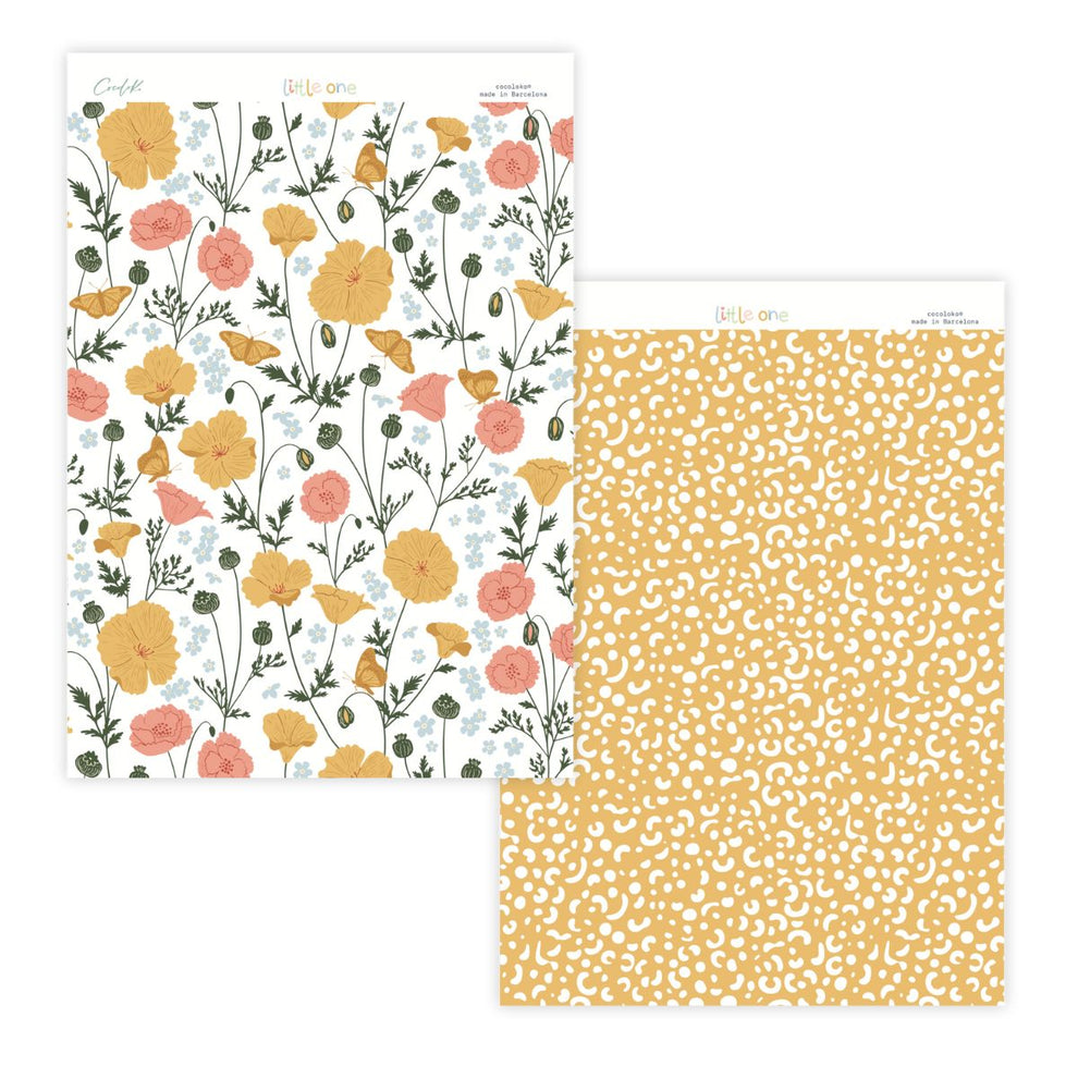 Duas folhas decorativas com padrões florais e de manchas em amarelo e branco