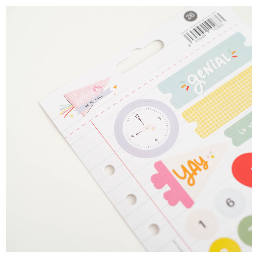 Folha de autocolantes coloridos com desenhos e textos 