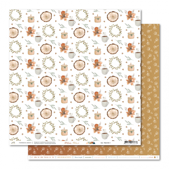 Papel decorativo com padrão de café, flores e madeira em cores terra