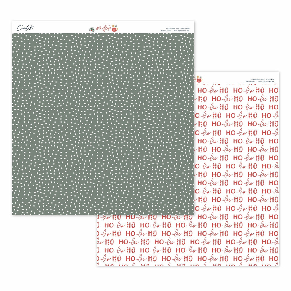 Papel de embrulho verde com pontos brancos e texto 'HO ho HO' em vermelho e prata