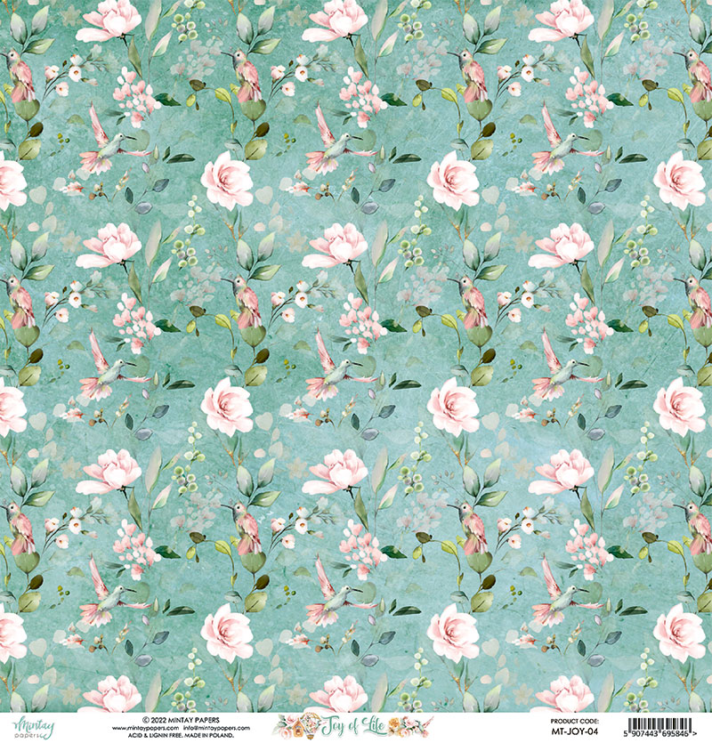 Papel decorativo com padrão floral e pássaros em fundo azul esverdeado