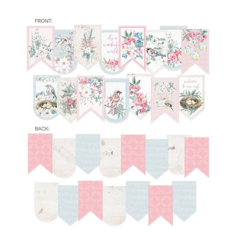 bandeirolas decorativas com flores, pássaros e ninhos em cores pastel