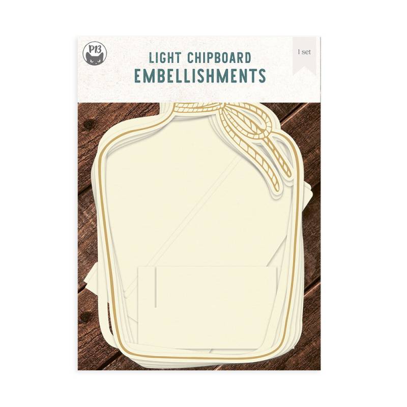 Pacote de adornos de chipboard claro em forma de frasco de vidro com tampa de corda