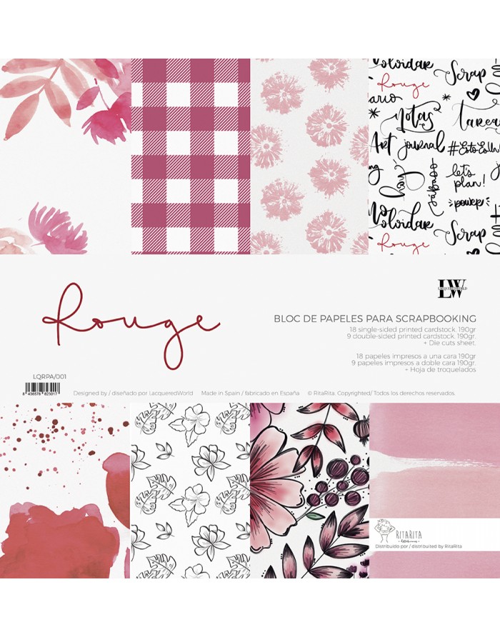 Papel de scrapbooking com padrões rosa e vermelho, texto 'Rouge' e outras inscrições.