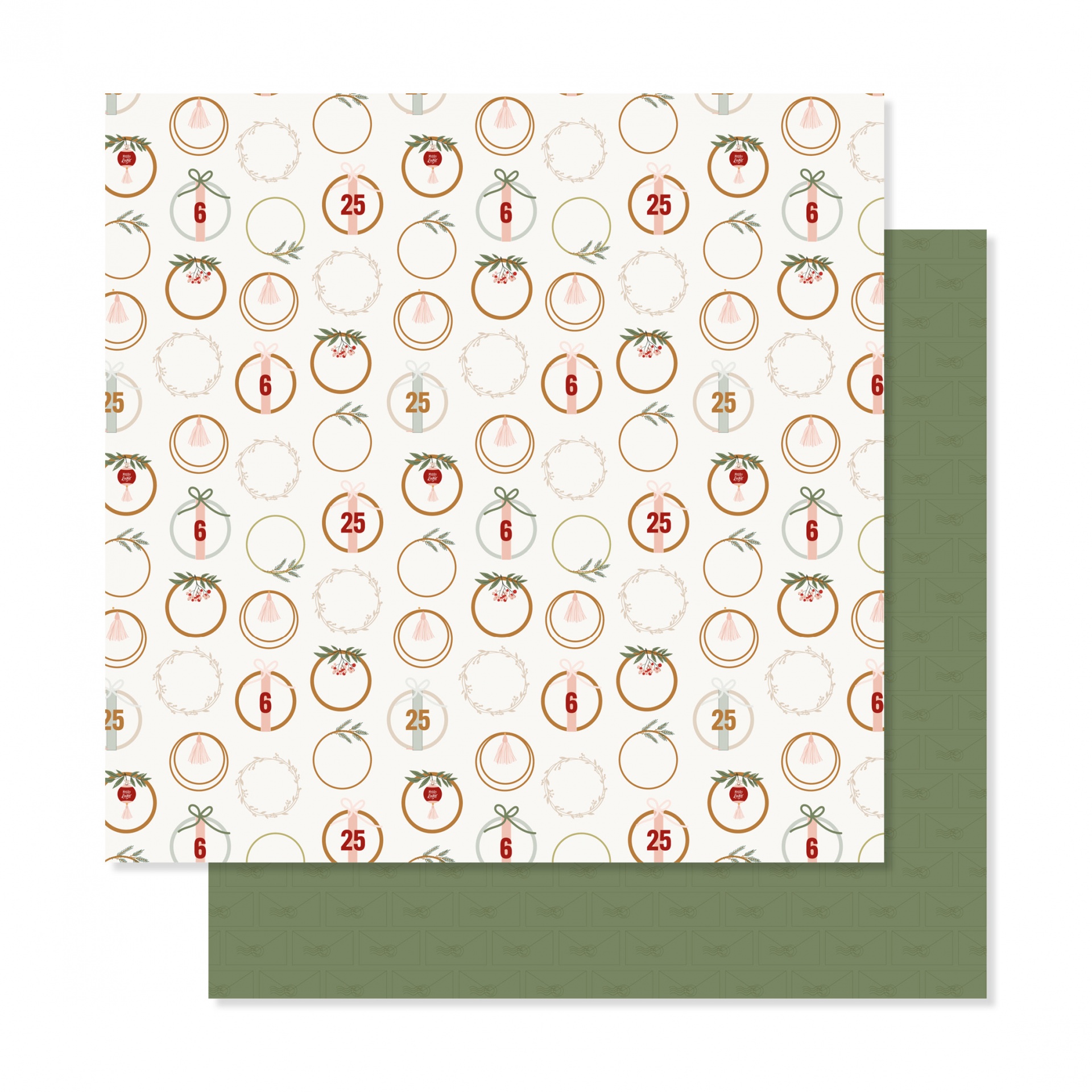Papel decorativo com padrão de círculos, números e ramos com frutos em branco e castanho, verso verde escuro com padrão de linhas.
