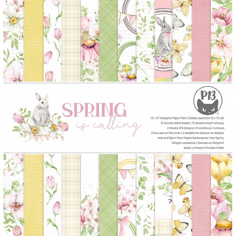 Papel decorativo SPRING is calling para scrapbooking com flores, coelhos e borboletas em várias cores