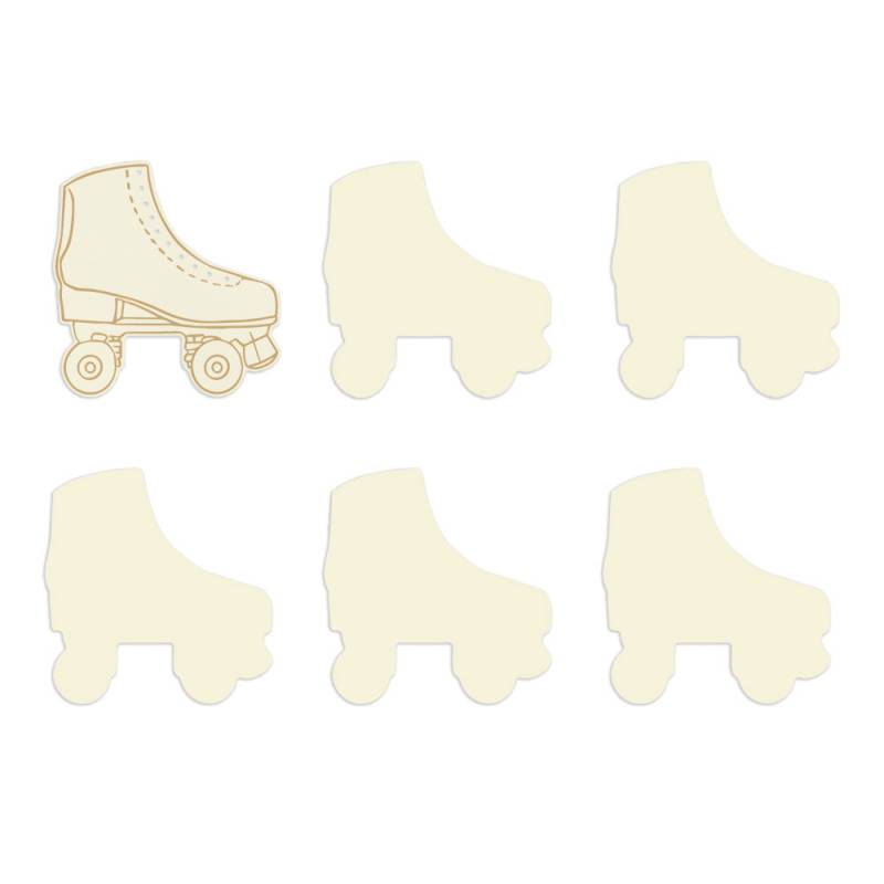 Ilustrações de patins em linha em bege, com uma detalhada e cinco silhuetas.