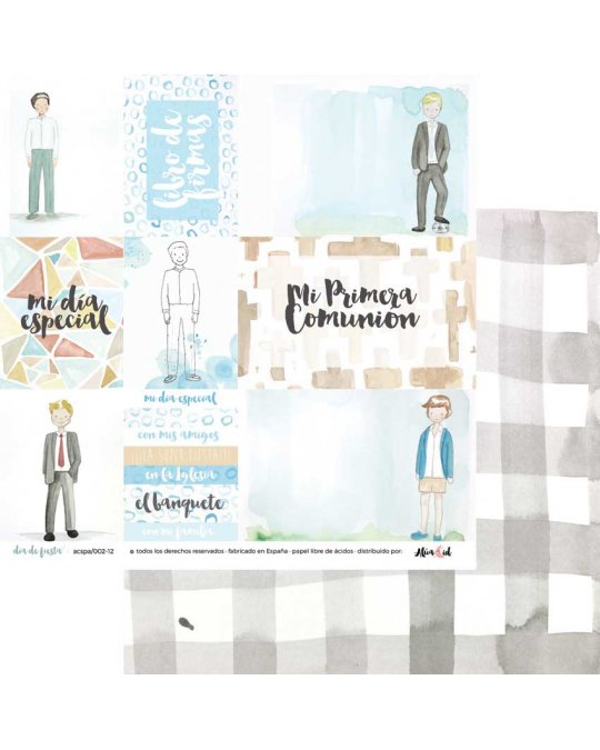 Folha com ilustrações de meninos e texto sobre comunhão com padrão xadrez cinza e branco